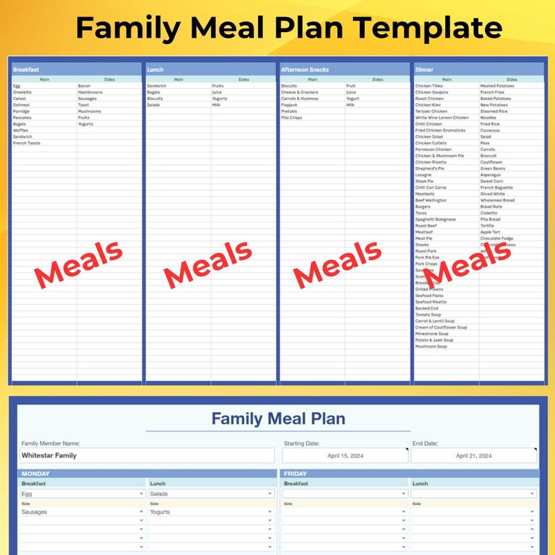 Family Meal Plan Template Google Sheets Weekly Planner Editable
