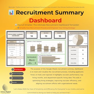 Recruitment Dashboard Template, Google Sheets for Candidate Tracking, Hiring Process, Recruitment Metrics, HR Analytics Tool