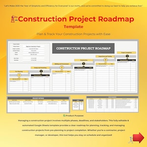 Construction Project Roadmap Template, Google Sheets Planner, Project Timeline, Task Tracker, Construction Management, Editable Template
