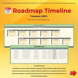 Road Map Timeline Template, Google Sheets Business Planner, Produkteinführungs-Road Map, Projektmangement, Straßhafte Planung, Meilenstein Tracker