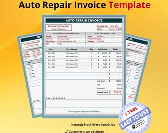 Auto Repair Invoice Template | Google Sheets Auto Bill Format | Mechanic Billing Tracker | Car Service Receipt Spreadsheet