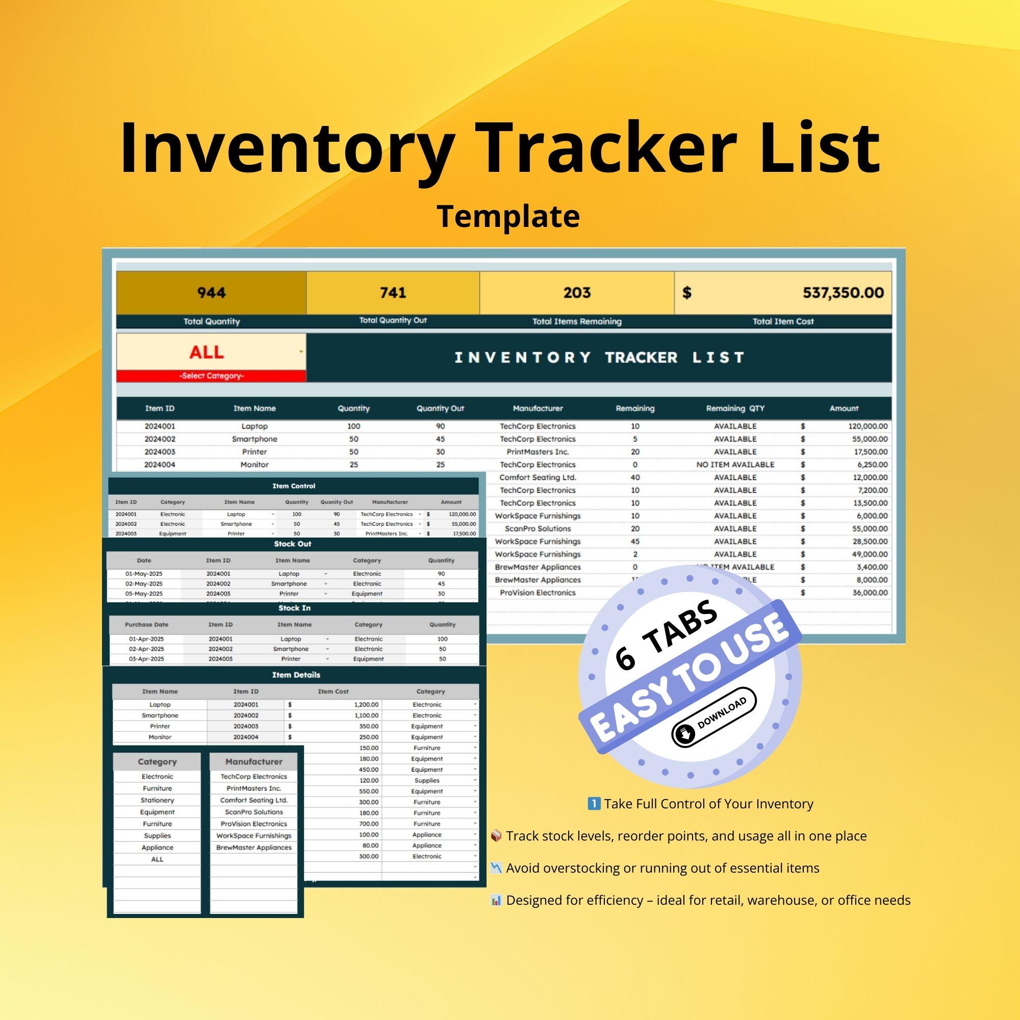 Modèle de liste de suivi des stocks, gestionnaire de stock Google Sheets, journal d'inventaire des produits, petite entreprise, feuille de calcul d'entrepôt