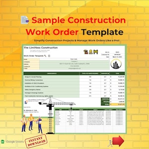 Muster für einen Bauarbeitsauftrag, Google Sheets Arbeitsauftrag, Schätzung des Unternehmers, bearbeitbare Baurechnung, Serviceauftragsformular