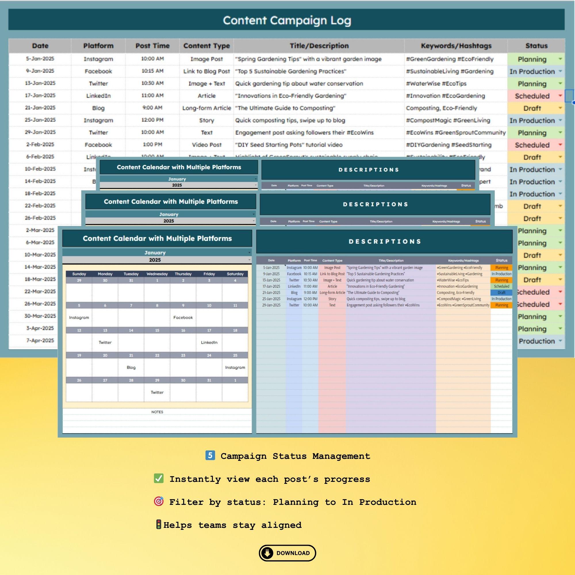 Content Calendar Template for Social Media, Multi-platform Scheduler ...
