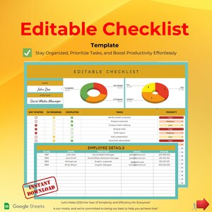 Editable Checklist Template, Google Sheets Task Tracker, Team To-Do List, Employee Planner, Printable Checklist, Productivity Organizer