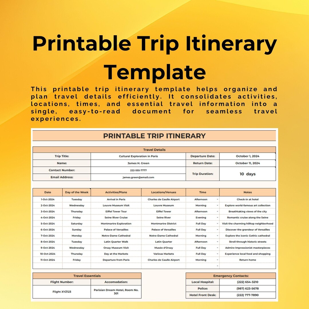 Printable Trip Itinerary Template, Google Sheets for Vacation Planning ...