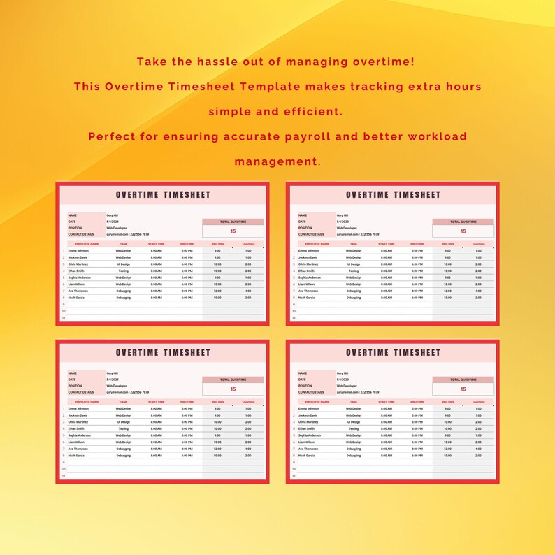 Overtime Timesheet Template, Google Sheets Editable Tracker, Employee ...