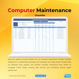 Computer Maintenance Checklist Template, Google Sheets Tool, Editable PC Tracker, System Cleaning Planner, Optimize Performance Tasks