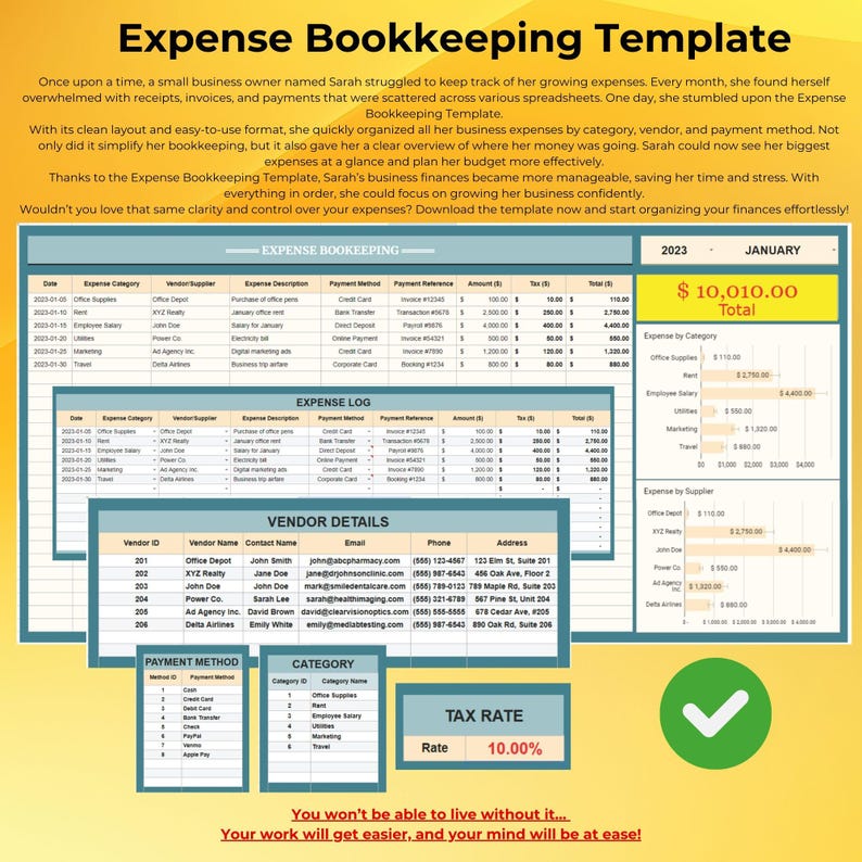 Expense Bookkeeping Template, Editable Finance Tracker, Customizable