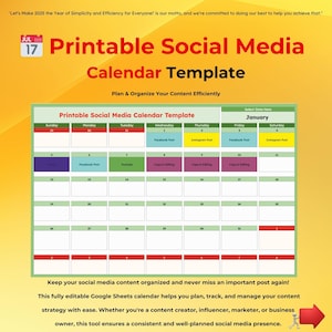 Printable Social Media Calendar Template, Google Sheets Content Planner, Monthly Scheduler, Marketing Strategy, Social Post Tracker