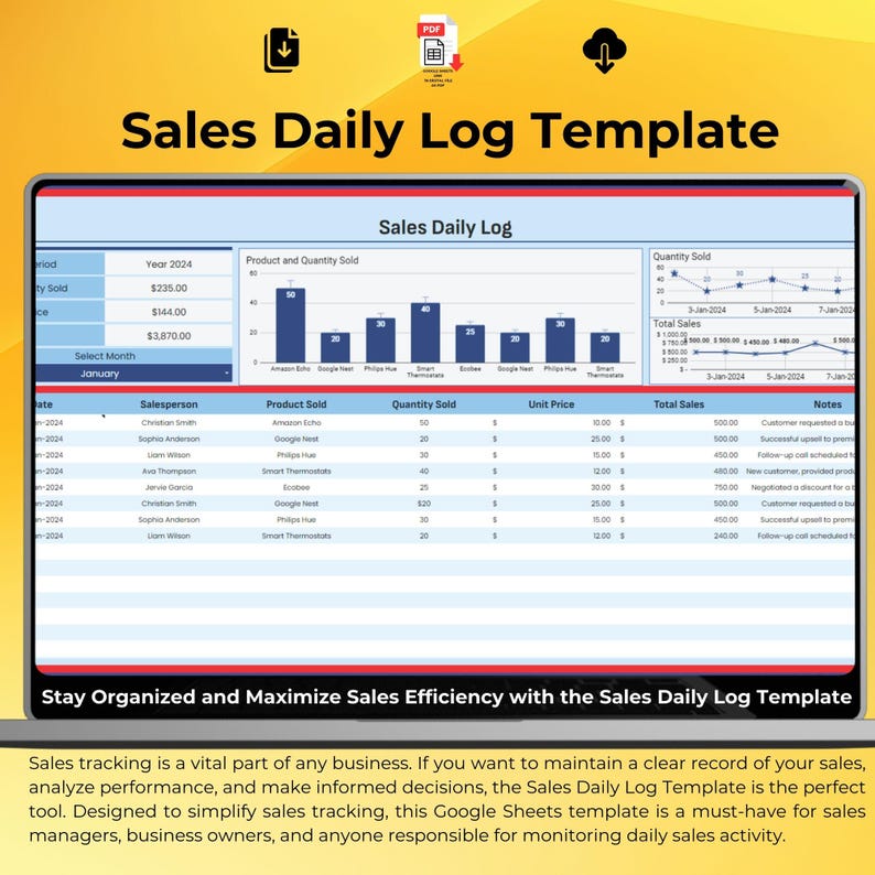 Sales Daily Log Template, Editable Google Sheets Tracker, Business