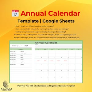 Annual Calendar Template, Google Sheets Editable Template, Yearly Planner, Holiday Tracker, Schedule Organizer, Digital Download