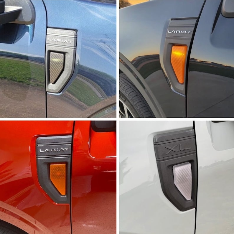 May include: Close-up of four different Ford F-150 truck fender badges. The badges are black with silver or orange accents. The badges read "LARIAT" and "XL".