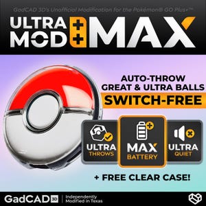 以下が含まれることがあります： 赤と白のデザインで「ULTRA MAX」の文字が入った、改造されたPokémon GO Plus+デバイス。自動スローや無料のクリアケースなどの機能が強調されています。追加のテキストには「ULTRA THROWS」、「MAX BATTERY」、「ULTRA QUIET」が含まれています。