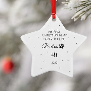 Personalised Dog First Christmas in forever home Ceramic Star Decoration Ornament