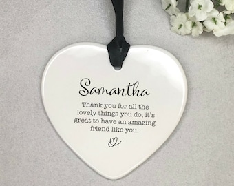 Personalised Thank You Friend Ceramic Heart Decoration keepsake tag | appreciation | thank you | friend | colleague | for her
