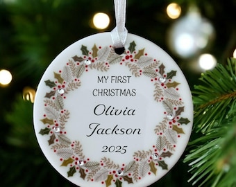 Personalised Baby First Christmas Gift Ceramic Circle Christmas Decoration Bauble Ornament Holly Wreath design with diamante detail