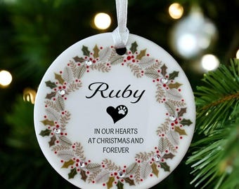 Personalised Dog Cat memory gift Christmas Gift Ceramic Circle Christmas Decoration Bauble Ornament Holly Wreath design with diamante detail