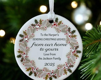 Personalised From our home to yours Ceramic Circle Christmas Decoration Ornament Bauble Holly Wreath design with diamante detail