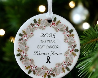 Personalised The year I beat cancer Christmas Gift Ceramic Circle Xmas Decoration Bauble Ornament Holly Wreath design with diamante detail