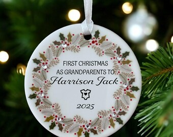 Personalised Grandparents First Christmas Gift Ceramic Circle Christmas Decoration Bauble Ornament Holly Wreath design with diamante detail