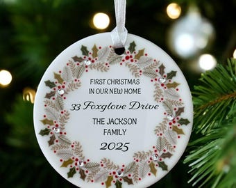 Personalised First Christmas in new home Ceramic Circle Christmas Decoration Bauble Ornament Holly Wreath design with diamante detail