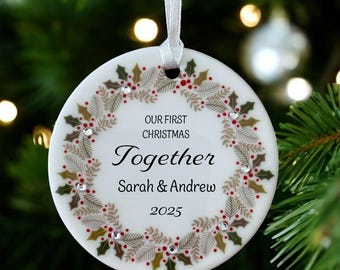 Personalised First Christmas Together Ceramic Circle Christmas Decoration Bauble Ornament Holly Wreath design with diamante detail