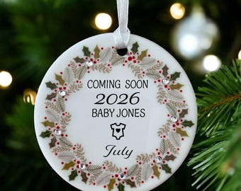 Personalised Pregnancy Baby Due Announcement  Christmas Gift Ceramic Circle Decoration Bauble Ornament Holly Wreath design diamante detail