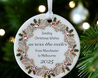 Personalised Across the miles Ceramic Circle Christmas Decoration Ornament Bauble Holly Wreath design with diamante detail long distance