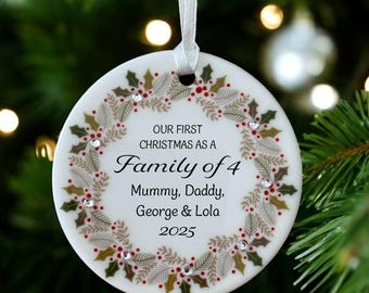 Personalised First Christmas as a Family of 3,4, 5 etc Ceramic Circle Christmas Decoration Bauble Holly Wreath design with diamante detail