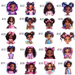 May include: A collection of digital illustrations of young girls with various hairstyles and accessories. Each girl is depicted with large eyes and a unique outfit, including headphones, bows, and dresses. The illustrations are vibrant and colorful.