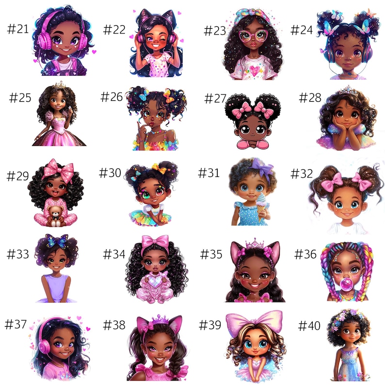 May include: A collection of digital illustrations of young girls with various hairstyles and accessories. Each girl is depicted with large eyes and a unique outfit, including headphones, bows, and dresses. The illustrations are vibrant and colorful.