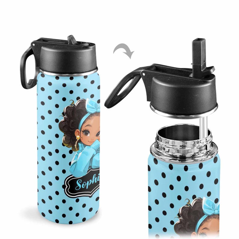 May include: A stainless steel water bottle with a light blue polka dot pattern. The bottle features a cartoon illustration of a girl with a blue bow and the name "Sophia". The black lid has a handle and a flip-top opening.