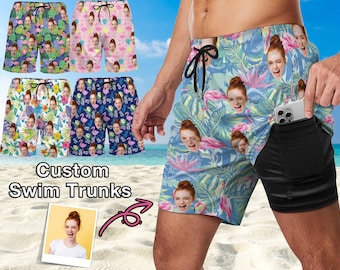 Custom Face Flamingo Swim Trunks, Personalized Photo Beach Shorts