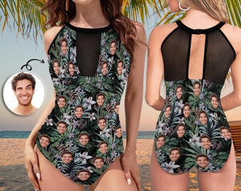 Costume da bagno intero personalizzato con foto, Costume da bagno trasparente personalizzato per il viso, Costume da bagno con fiori personalizzati per donna, Regali per addio al nubilato