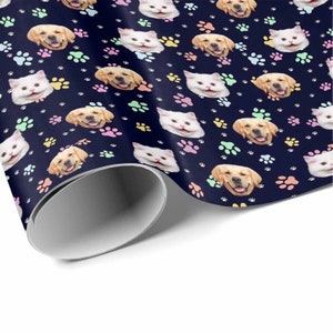 May include: A dark blue wrapping paper with a repeating pattern of paw prints and the faces of dogs and cats. The paw prints are in various pastel colors.