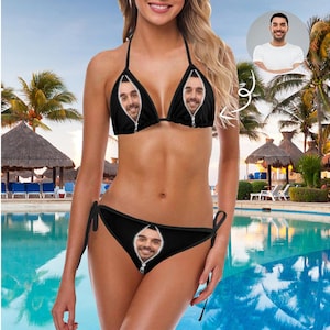 Custom Face Zipper Women&#39;s Bikini Swimsuit Personalized Black Swimwear Bathing Suits with Picture Birthday Gifts for Girlfriend Wife