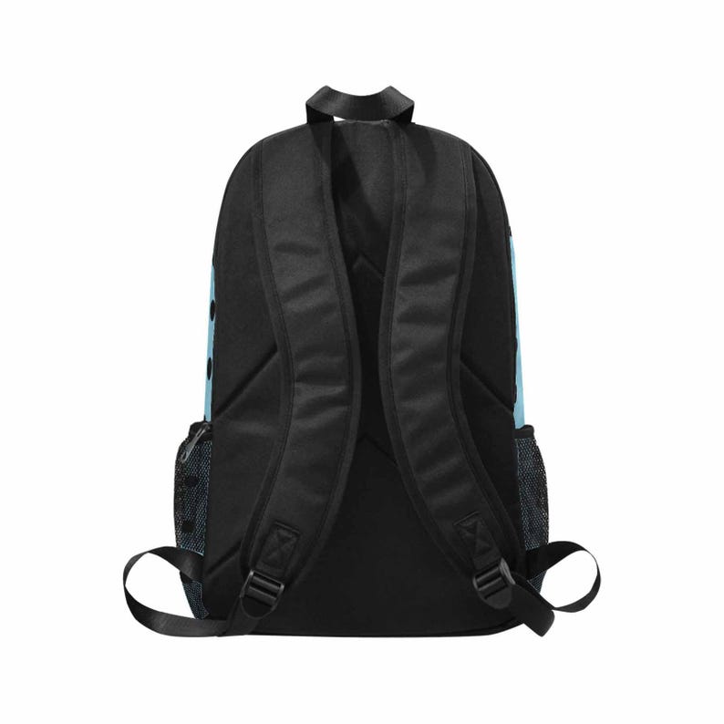 May include: Black backpack with padded shoulder straps and a top handle. The backpack has a light blue accent with black polka dots on the side. Features two side mesh pockets and adjustable straps.