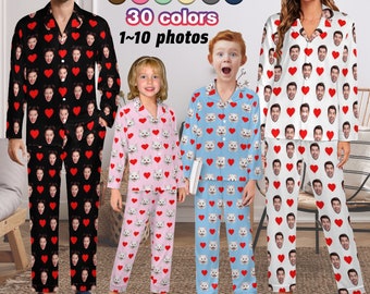 Custom Face Pajamas Set,Personalized Hearts Pajama Set with Dog Photo Picture,Long Sleeve Family Pajamas,Paw Print Pajamas,Christmas Gift