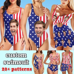May include: A selection of swimsuits with a patriotic design. The swimsuits feature a blue background with white stars and red and white stripes. The swimsuits have a face printed on them. The text "custom swimsuit" and "20+ patterns" is also visible.