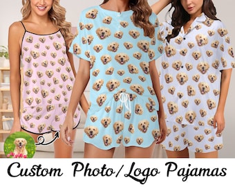 Ensemble de pyjama personnalisé avec tête de chien, Ensemble de pyjama court photo personnalisé pour femme, Pyjama personnalisé pour femme avec photos d'animaux de compagnie, Cadeaux d'anniversaire pour elle