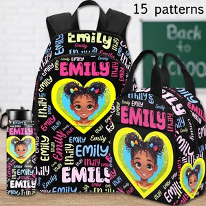 Sac à dos afro-noir personnalisé pour fille, Sacs à dos d'école avec nom personnalisé, Cartable avec ensemble de sacs à lunch, Cartable pour filles et garçons, Retour à l'école