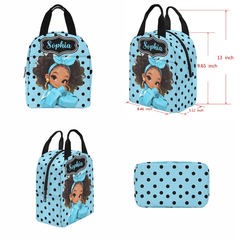 May include: A light blue lunch bag with black polka dots and black handles. The bag features a cartoon illustration of a girl with a blue bow and the name "Sophia". The bag is approximately 13 inches tall, 9.65 inches wide, and 5.12 inches deep.