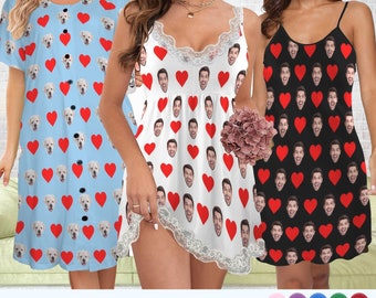 Custom Face Nightgown,Personalized Photo Pajamas Dress for Women,Hearts Ladies Nightdress with Pet Pictures,Birthday Gifts,Bachelor Party