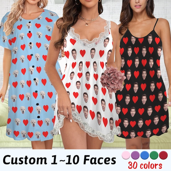 Custom Face Nightgown,Personalized Photo Pajamas Dress for Women,Hearts Ladies Nightdress with Pet Pictures,Birthday Gifts,Bachelor Party