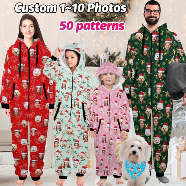 Custom Onesie Pajamas,Personalized Face Photo Flannel Fleece Adult Pajamas,Family Christmas Pajamas,Hooded Onesie Jumpsuits,Dog Bandana