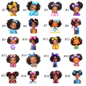 May include: A collection of 20 digital illustrations of young girls with curly hair, each wearing a different colored bow or headband. The girls are smiling and dressed in various outfits, with different skin tones.