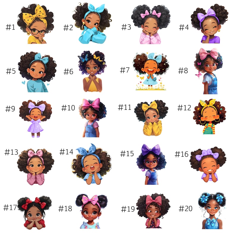 May include: A collection of 20 digital illustrations of young girls with curly hair, each wearing a different colored bow or headband. The girls are smiling and dressed in various outfits, with different skin tones.