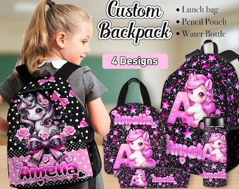 Personalized Unicorn Backpack Set, Girls School Bag with Lunch Bag