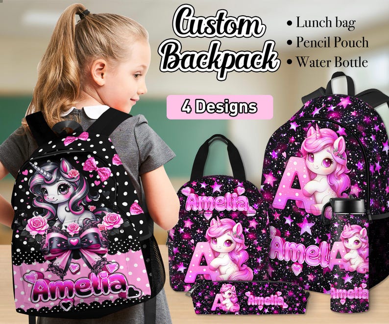 Personalized Unicorn Backpack Set, Girls School Bag With Lunch Bag - Etsy